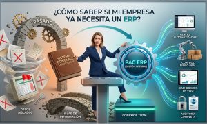 Infografía fotorrealista sobre la transición de caos de datos a orden con PAC ERP en Ecuador